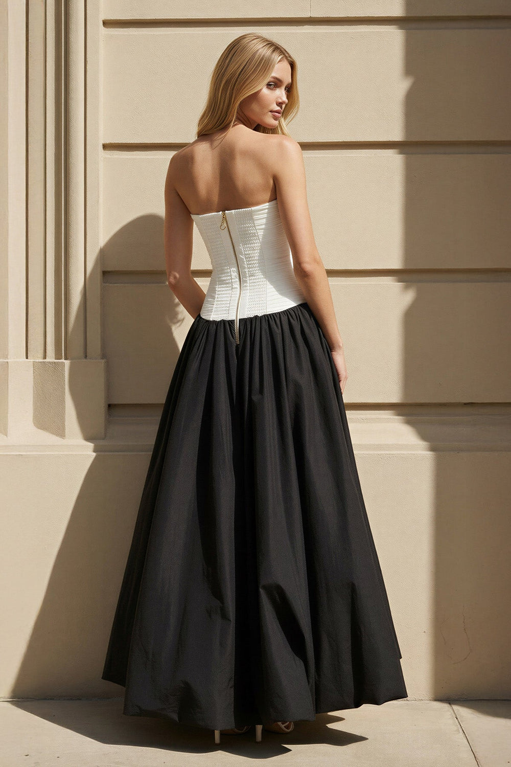 Strapless Pleated Gown in Black and White - SHE IS ME Prom Dresses