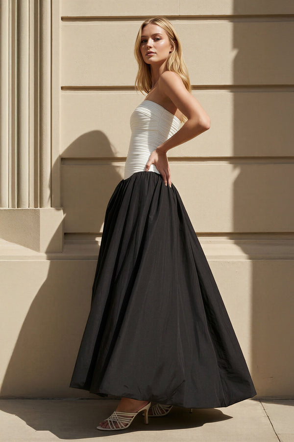 Strapless Pleated Gown in Black and White - SHE IS ME