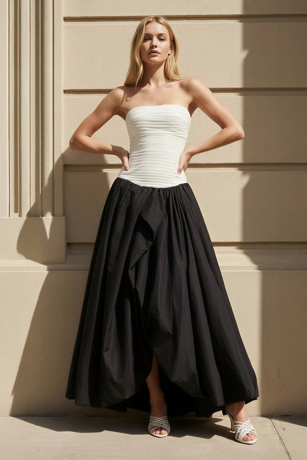 Strapless Pleated Gown in Black and White - SHE IS ME