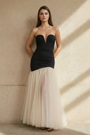Strapless Pleated Gown With Slit in Black and Ivory - SHE IS ME PROM DRESSES