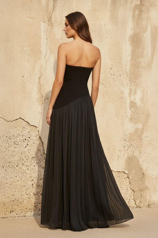 Strapless Pleated Maxi Dress in Black - SHE IS ME PROM DRESSES
