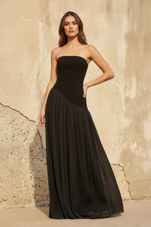 Strapless Pleated Maxi Dress in Black - SHE IS ME