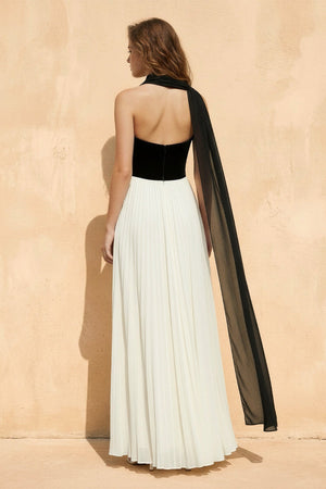 Strapless Pleated Maxi Dress in Black and Ivory - SHE IS ME