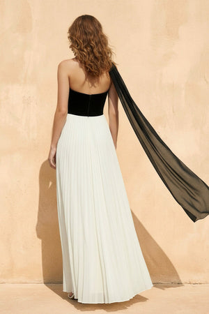 Strapless Pleated Maxi Dress in Black and Ivory - SHE IS ME