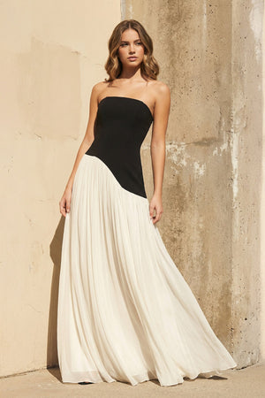 Strapless Pleated Maxi Dress in Black and Ivory - SHE IS ME
