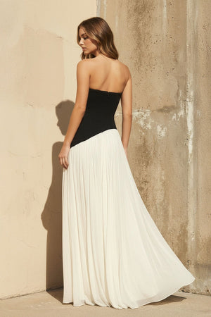 Strapless Pleated Maxi Dress in Black and Ivory - SHE IS ME