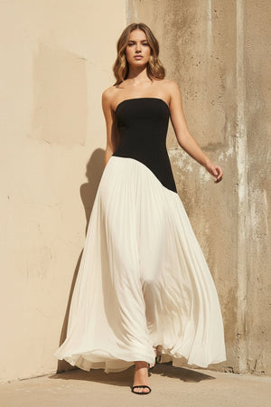 Strapless Pleated Maxi Dress in Black and Ivory - SHE IS ME
