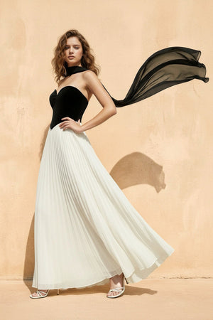 Strapless Pleated Maxi Dress in Black and Ivory - SHE IS ME