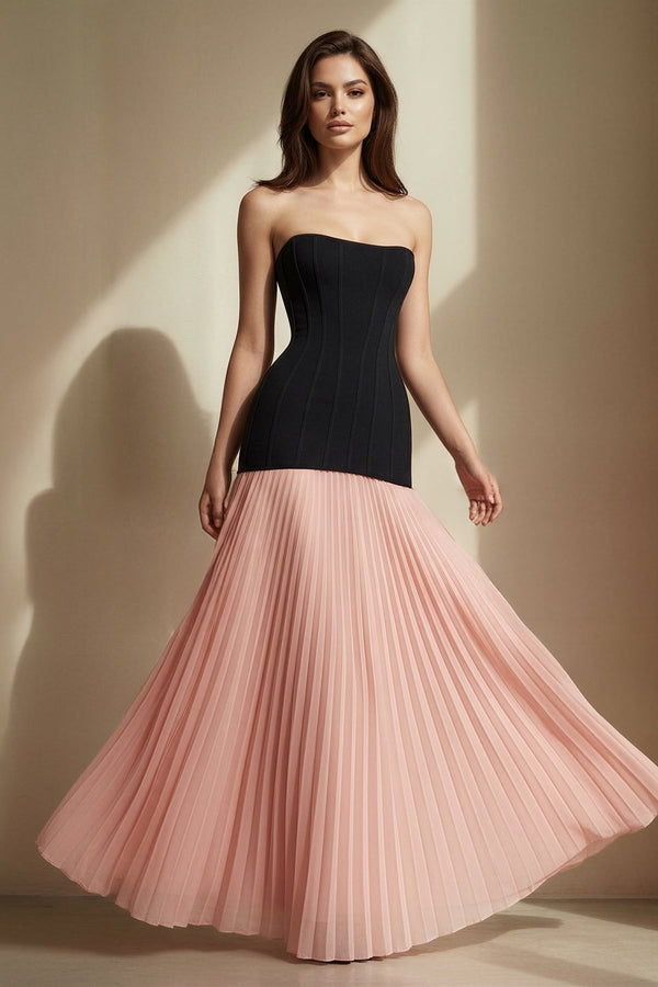 Strapless Pleated Maxi Dress in Black and Pink - SHE IS ME PROM DRESSES