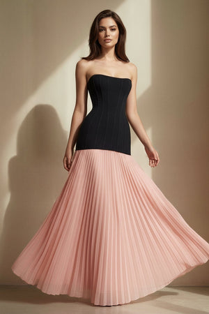 Strapless Pleated Maxi Dress in Black and Pink - SHE IS ME