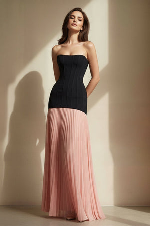 Strapless Pleated Maxi Dress in Black and Pink - SHE IS ME PROM DRESSES