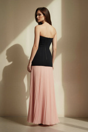 Strapless Pleated Maxi Dress in Black and Pink - SHE IS ME PROM DRESSES