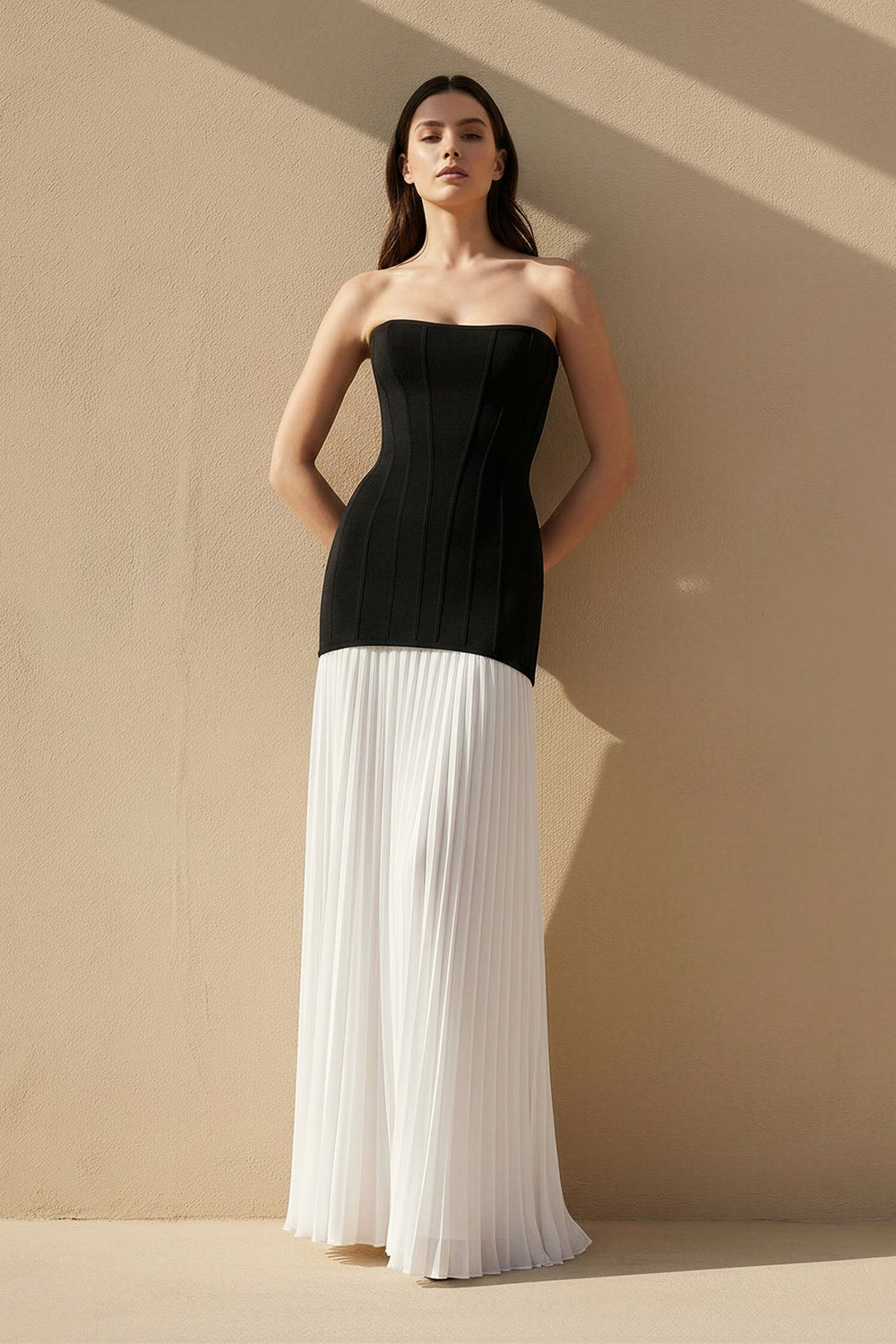 Strapless Pleated Maxi Dress in Black and White - SHE IS ME