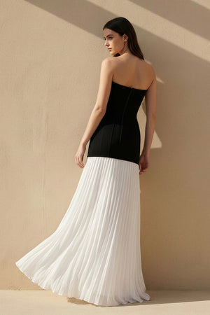 Strapless Pleated Maxi Dress in Black and White - SHE IS ME