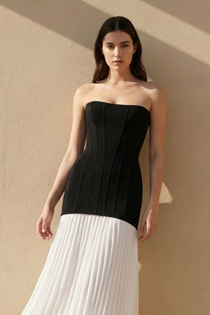 Strapless Pleated Maxi Dress in Black and White - SHE IS ME