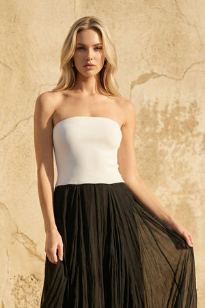 Strapless Pleated Maxi Dress in Black and White - SHE IS ME