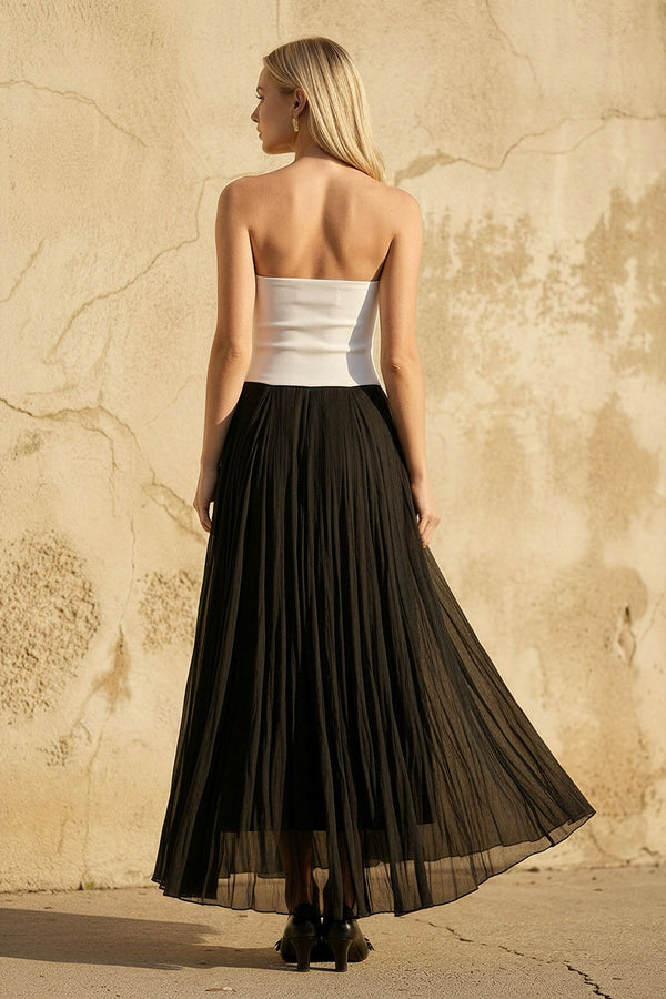 Strapless Pleated Maxi Dress in Black and White - SHE IS ME