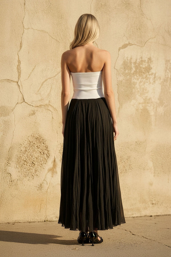 Strapless Pleated Maxi Dress in Black and White - SHE IS ME