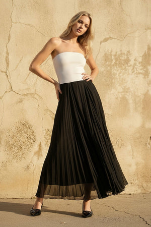 Strapless Pleated Maxi Dress in Black and White - SHE IS ME