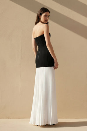 Strapless Pleated Maxi Dress in Black and White - SHE IS ME