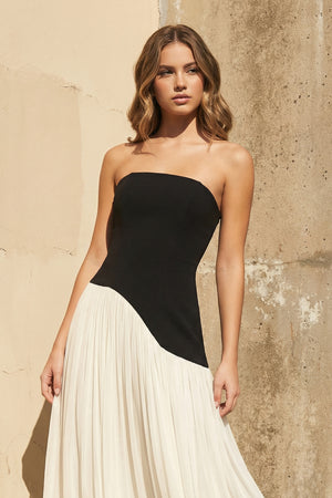 Sheisme-Black & White Strapless Chiffon A-Line Maxi Evening Formal Dress