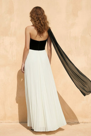 Sheisme-Black & White Strapless Chiffon Velvet A-Line Maxi Evening Dress