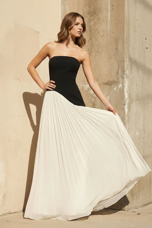 Sheisme-Black & White Strapless Chiffon A-Line Maxi Evening Formal Dress