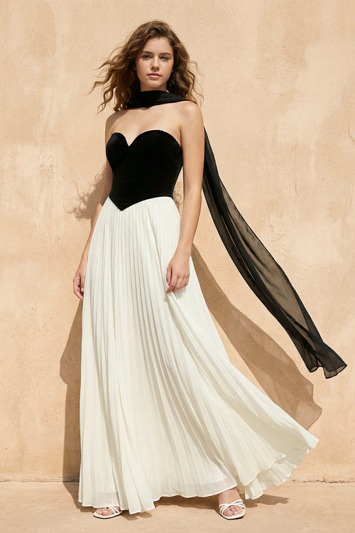 Sheisme-Black & White Strapless Chiffon Velvet A-Line Maxi Evening Dress
