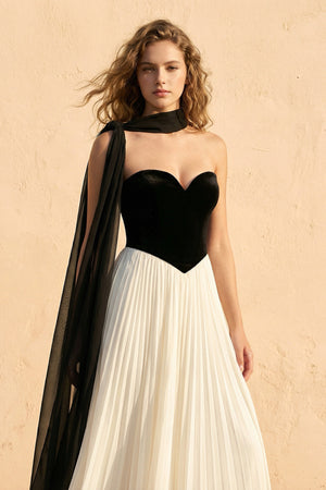 Sheisme-Black & White Strapless Chiffon Velvet A-Line Maxi Evening Dress