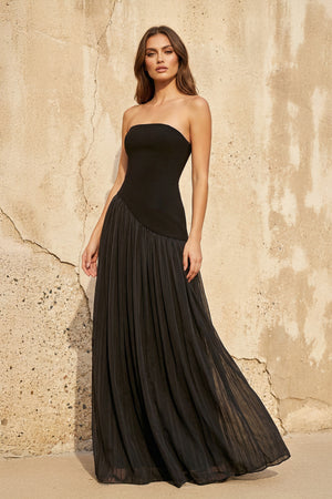Sheisme-Black Strapless A-Line Maxi Evening Formal Dress