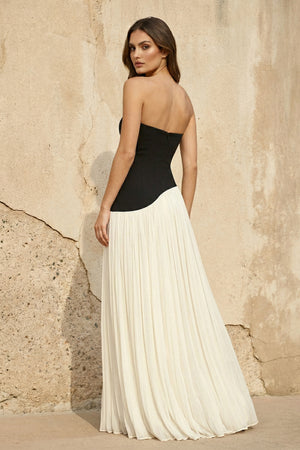 Strapless Pleated Maxi Dress in Black and Ivory