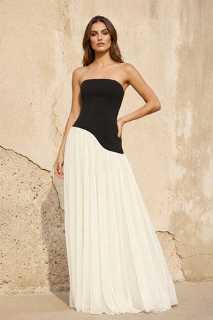 Strapless Pleated Maxi Dress in Black and Ivory