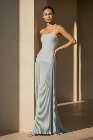 Strapless Pleated Maxi Dress in Dusty Blue - SHE IS ME