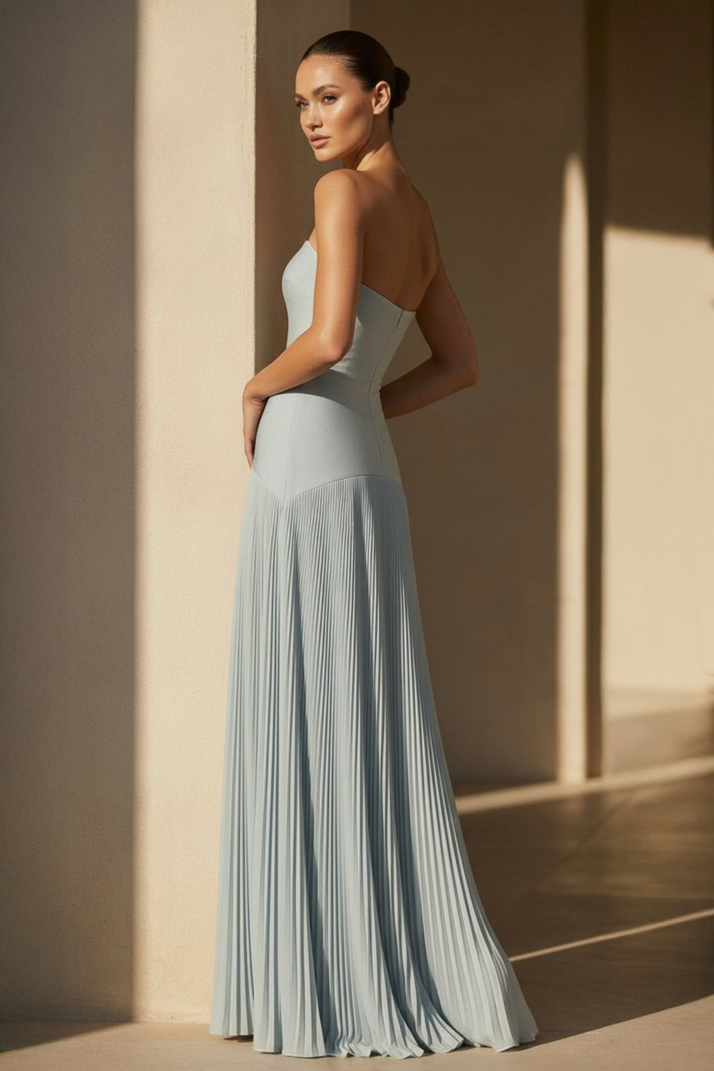 Strapless Pleated Maxi Dress in Dusty Blue - SHE IS ME