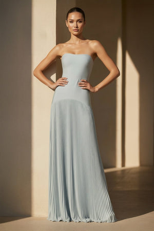 Strapless Pleated Maxi Dress in Dusty Blue - SHE IS ME