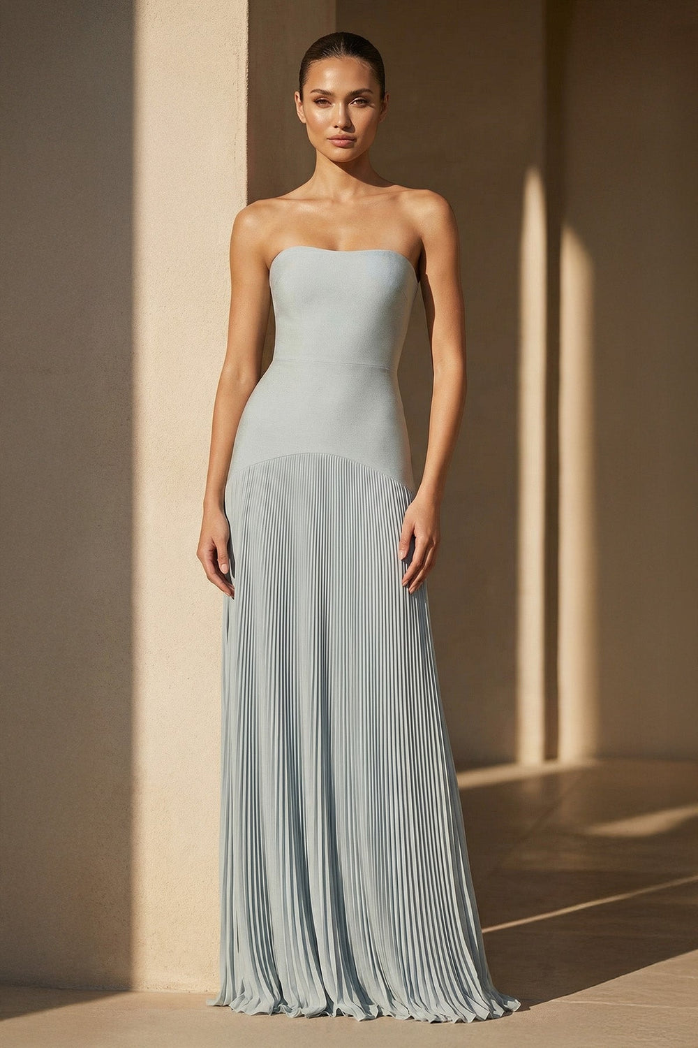 Strapless Pleated Maxi Dress in Dusty Blue - SHE IS ME