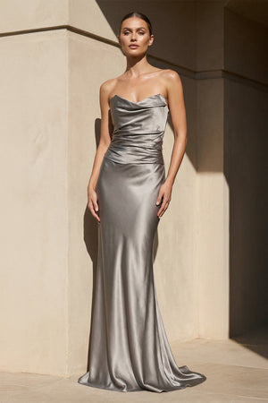 Strapless Pleated Maxi Dress in Silver - SHE IS ME