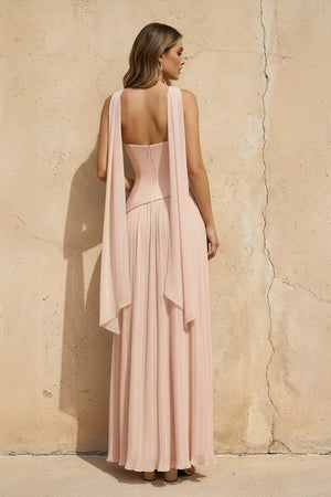 Strapless Pleated Maxi Dress With Scarf in Blush - SHE IS ME