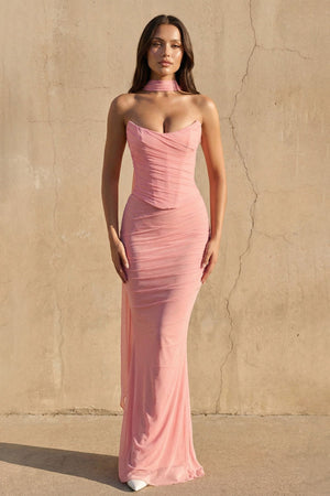 Strapless Pleated Maxi Dress With Scarf in Blush - SHE IS ME PROM DRESSES