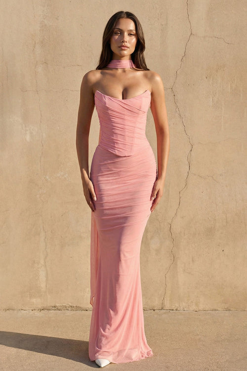 Strapless Pleated Maxi Dress With Scarf in Blush - SHE IS ME PROM DRESSES