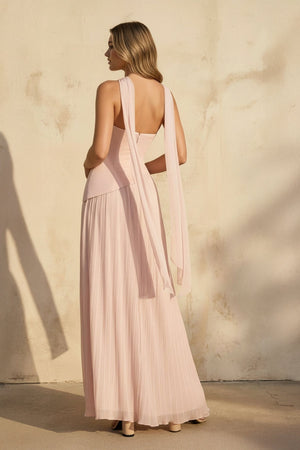 Strapless Pleated Maxi Dress With Scarf in Blush - SHE IS ME