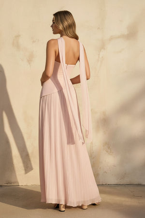 Sheisme-Blush Pink Strapless Pleated Scarf A-Line Maxi Formal Evening Dress