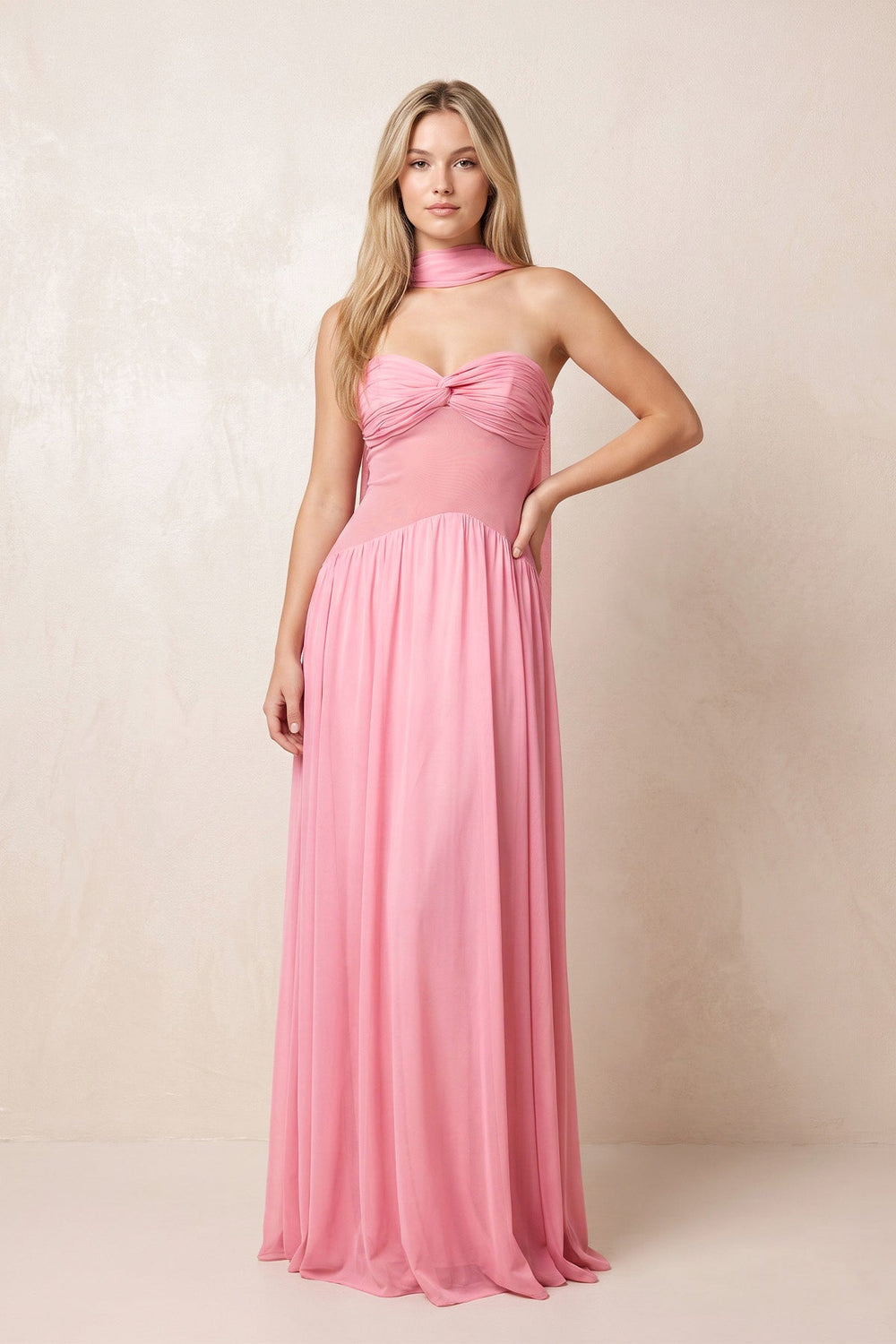 Strapless Pleated Wedding Guest Dress With Scarf in Pink