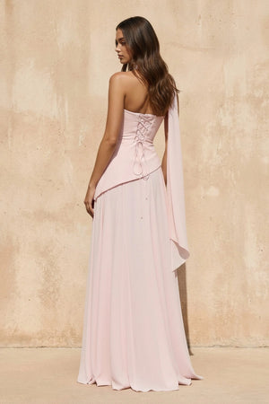 Strapless Pleated Maxi Dress with Scarf in Pink - SHE IS ME
