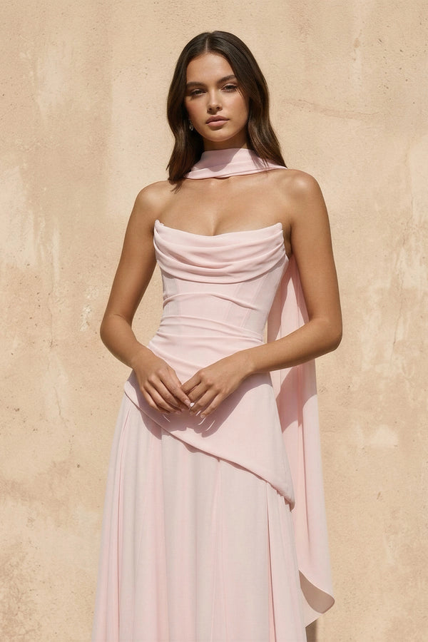 Strapless Pleated Maxi Dress with Scarf in Pink - SHE IS ME