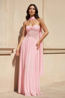 Strapless Pleated Maxi Dress With Scarf in Pink - SHE IS ME