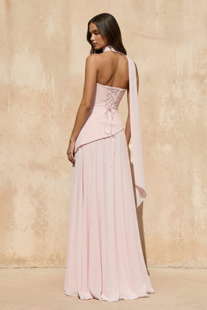 Strapless Pleated Maxi Dress with Scarf in Pink - SHE IS ME