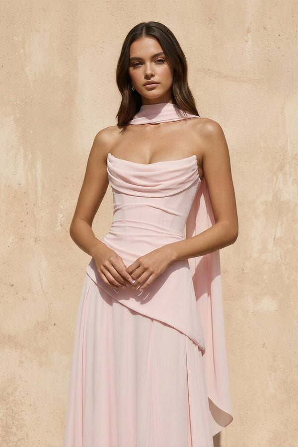 Strapless Pleated Maxi Dress with Scarf in Pink - SHE IS ME PROM DRESSES