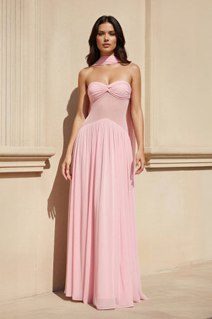 Strapless Pleated Maxi Dress With Scarf in Pink - SHE IS ME