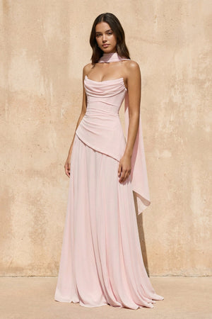Strapless Pleated Maxi Dress with Scarf in Pink - SHE IS ME PROM DRESSES